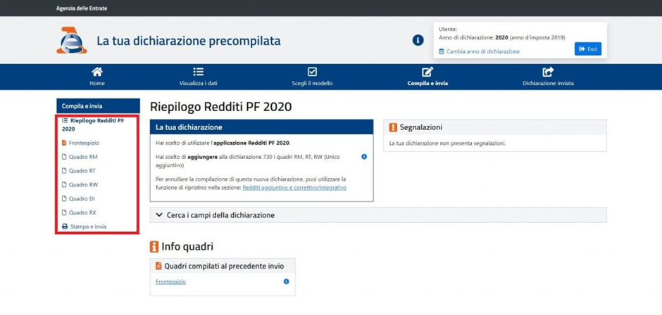 Software AdE: schermata compilazione quadri
