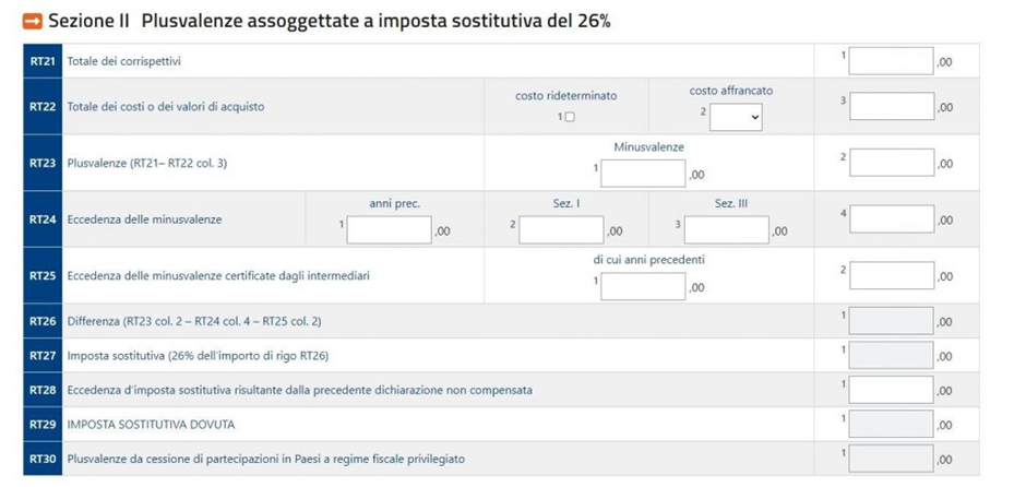 Software AdE: schermata sezione plusvalenze